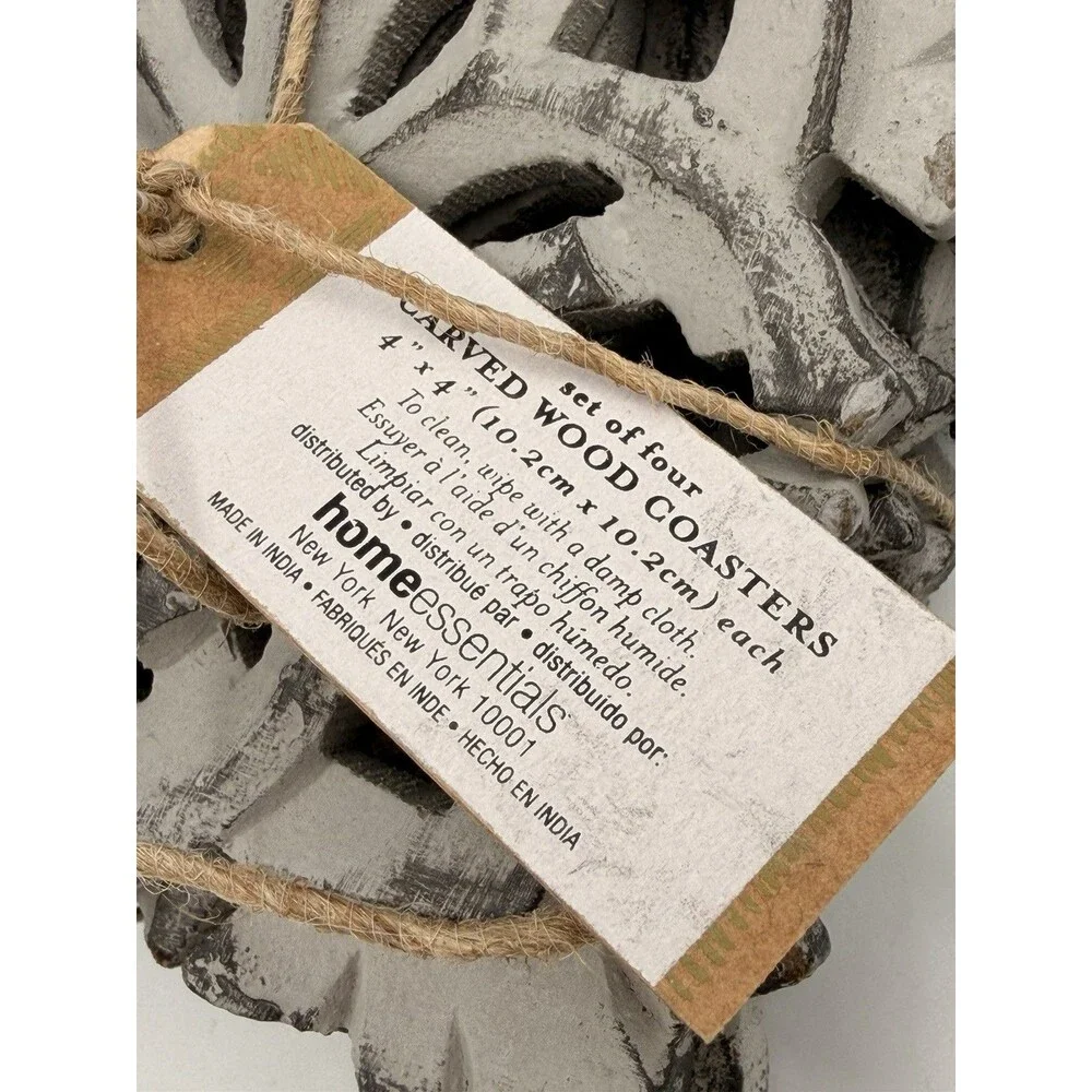 Artisan Market Hand Carved Wood Coasters Gray Distressed Set of 4 Farmhouse 4x4